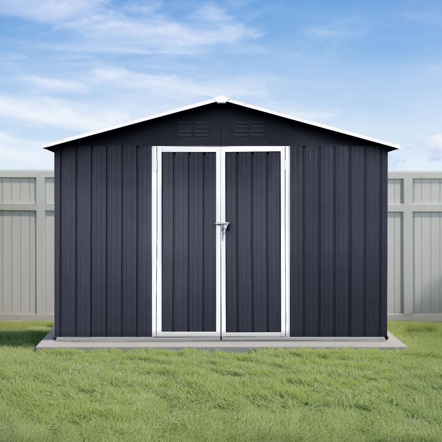Photo 1 of 10x12 Ft Storage Shed Outdoor, XL Permanent Steel Building with Lockable Doors & 4 Air Vents for Backyard Garden Patio Lawn - Black