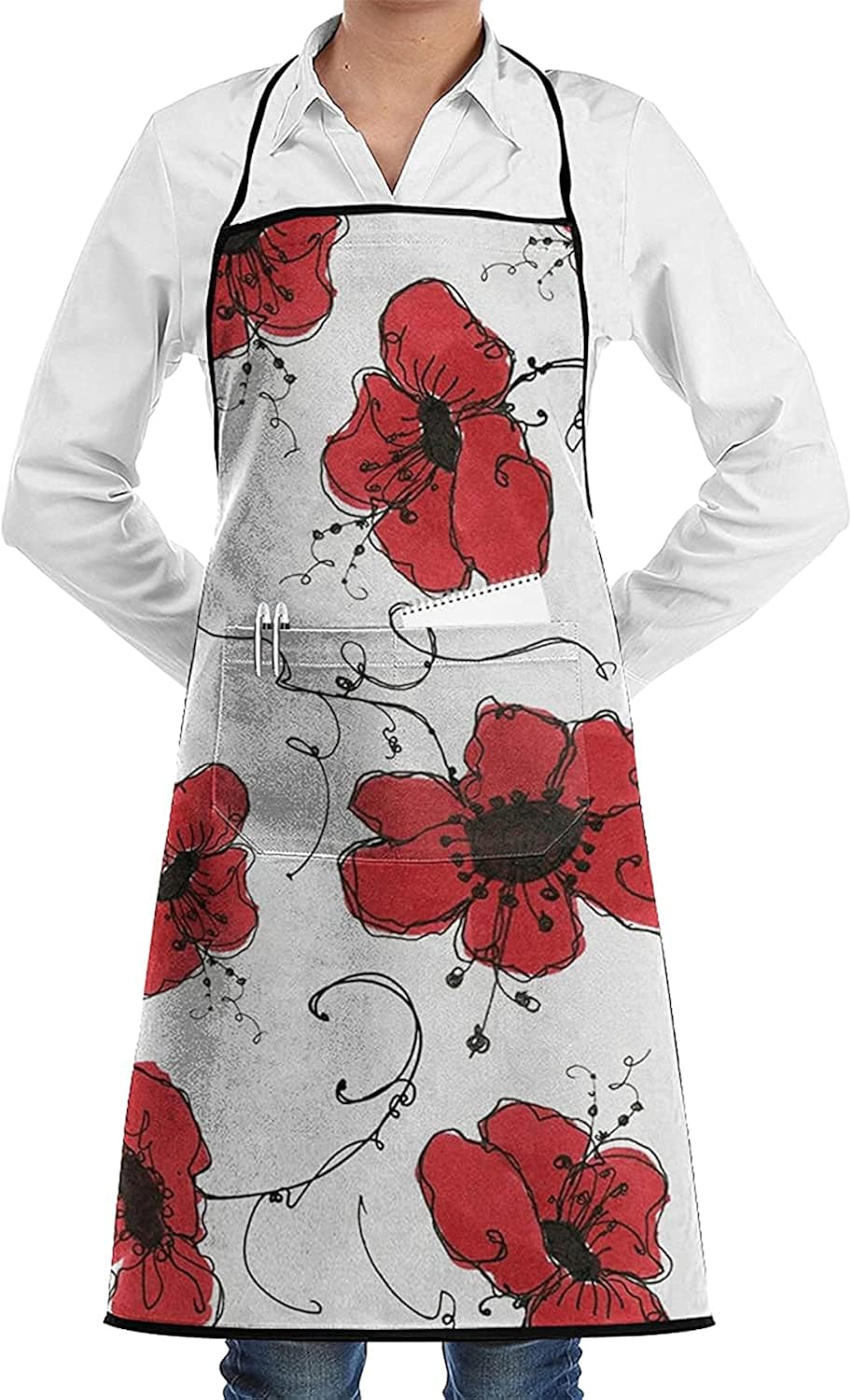 Red and White Flower Aprons for Women and Men, Kitchen Chef Apron with
