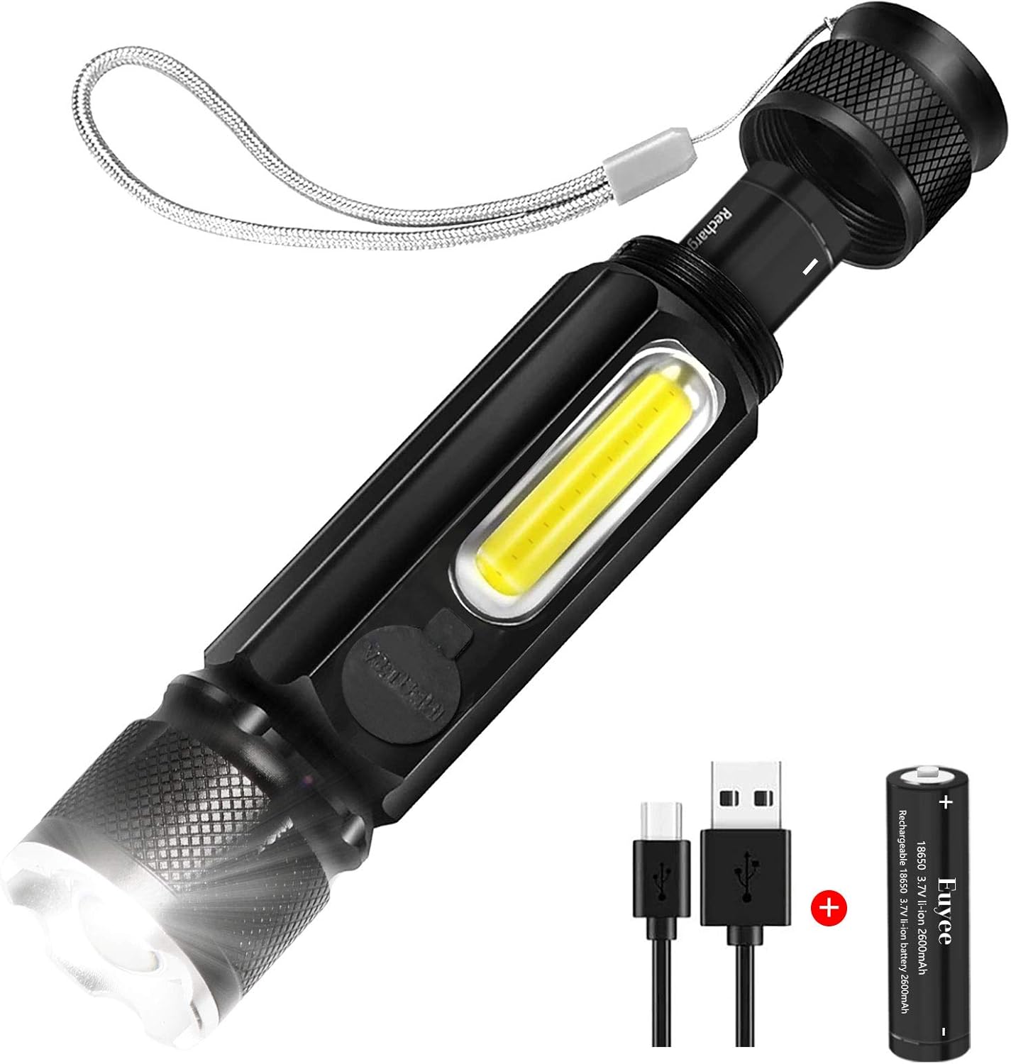 Euyee Rechargeable Flashlight High Lumen Magnetic LED Flashlight - Zoomable, 4 Modes with COB Work Light, Water Resistant, Handheld Light - for Camping, Hiking, Emergency(with 18650 Battery) - - 
