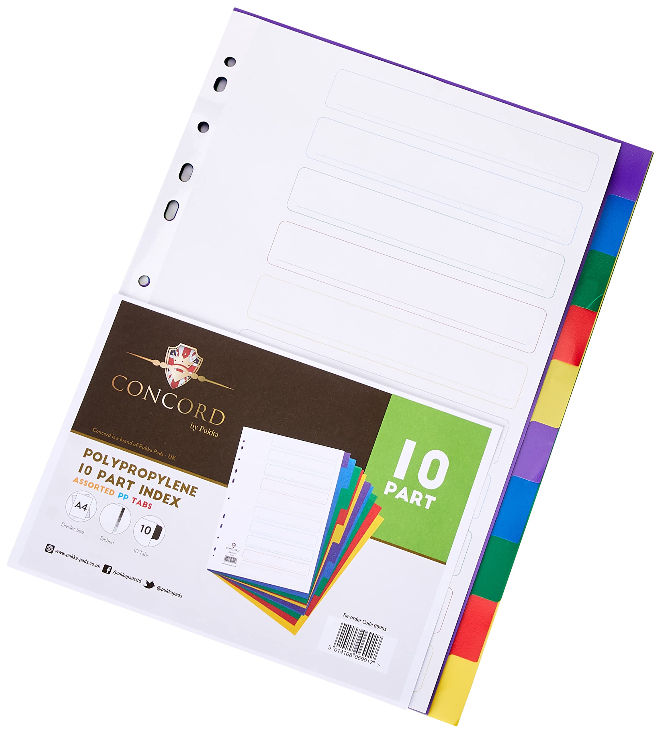 Concord Plastic Subject Dividers Polypropylene 120 Micron Europunched 10-Part A4 Assorted Ref 06901