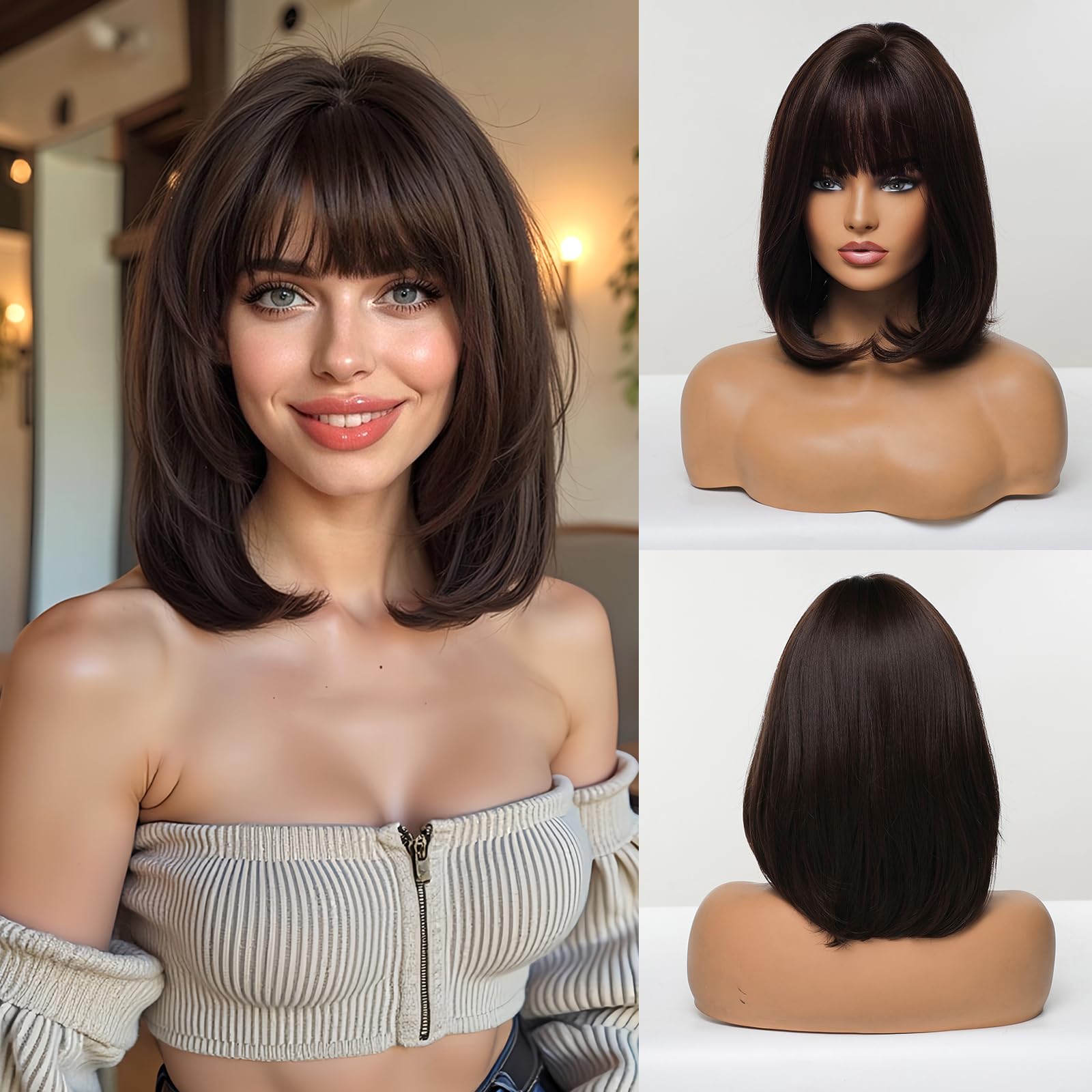 Esmee 14 Inches Short Dark Brown Wig with Bangs Slightly Curly Hair Ends Natural Synthetic Hair Straight Wigs for Women Daily Party Cosplay Wear — image 1