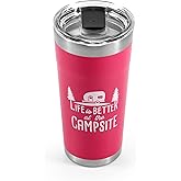 Camco Life is Better at The Campsite Tumbler | Heavy Duty Double Wall Vacuum Insulation | Crafted of 18/8 Stainless Steel | Unique “Life is Better at The Campsite” Design on Coral Pink | 20-oz (53061)