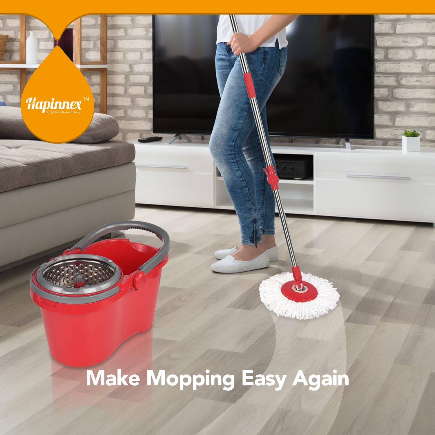 HAPINNEX Spin Mop Wringer Bucket Set - for Home Kitchen Floor Cleaning - Wet/Dry Usage on Hardwood & Tile - Upgraded Self-Balanced Easy Press System with 2 Washable Microfiber Mops Heads: Home & Kitchen