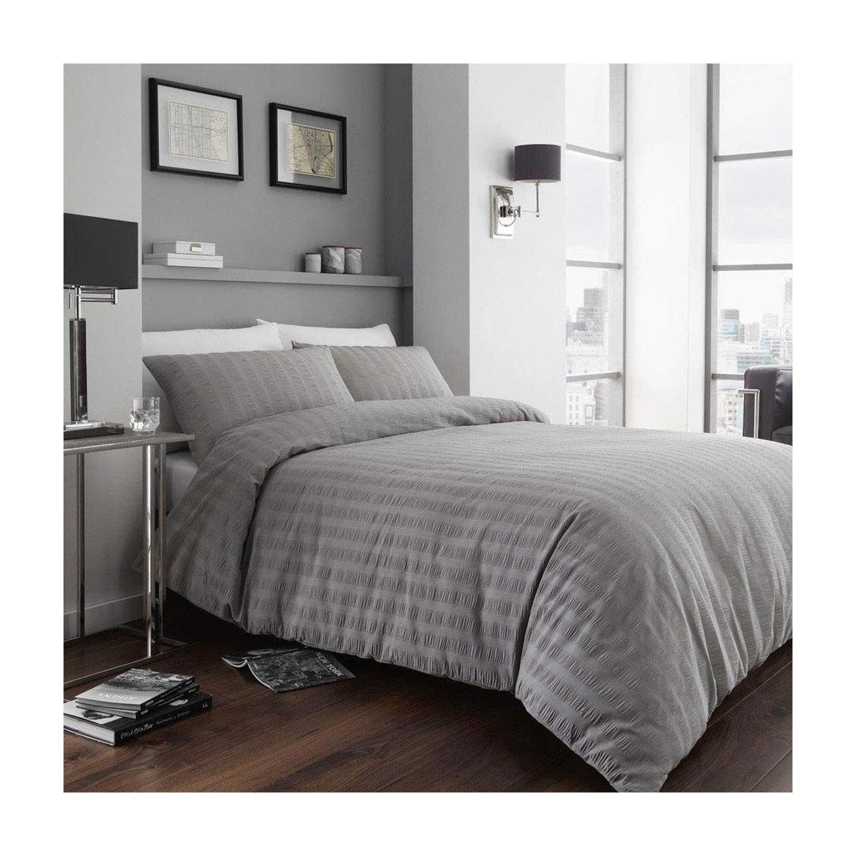 Gaveno Cavailia Striped Crinkle Textured Seer Sucker Duvet Set Double Grey, Puckering Cotton Blend Cosy Bedding, 3 Piece Bedset, Easy Care DuvetCover, 1 Quilt Cover and 2 Pillow Cases