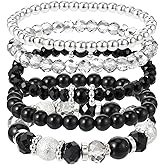 Sibba 5 Pcs Beaded Stretch Bracelets Stackable Stylish Crystal Boho Beaded Bracelet for Women Stretch Layering Stone Bracelets Trendy Costume Jewelry Gift Multilayered Disco Ball Faceted Bracelet