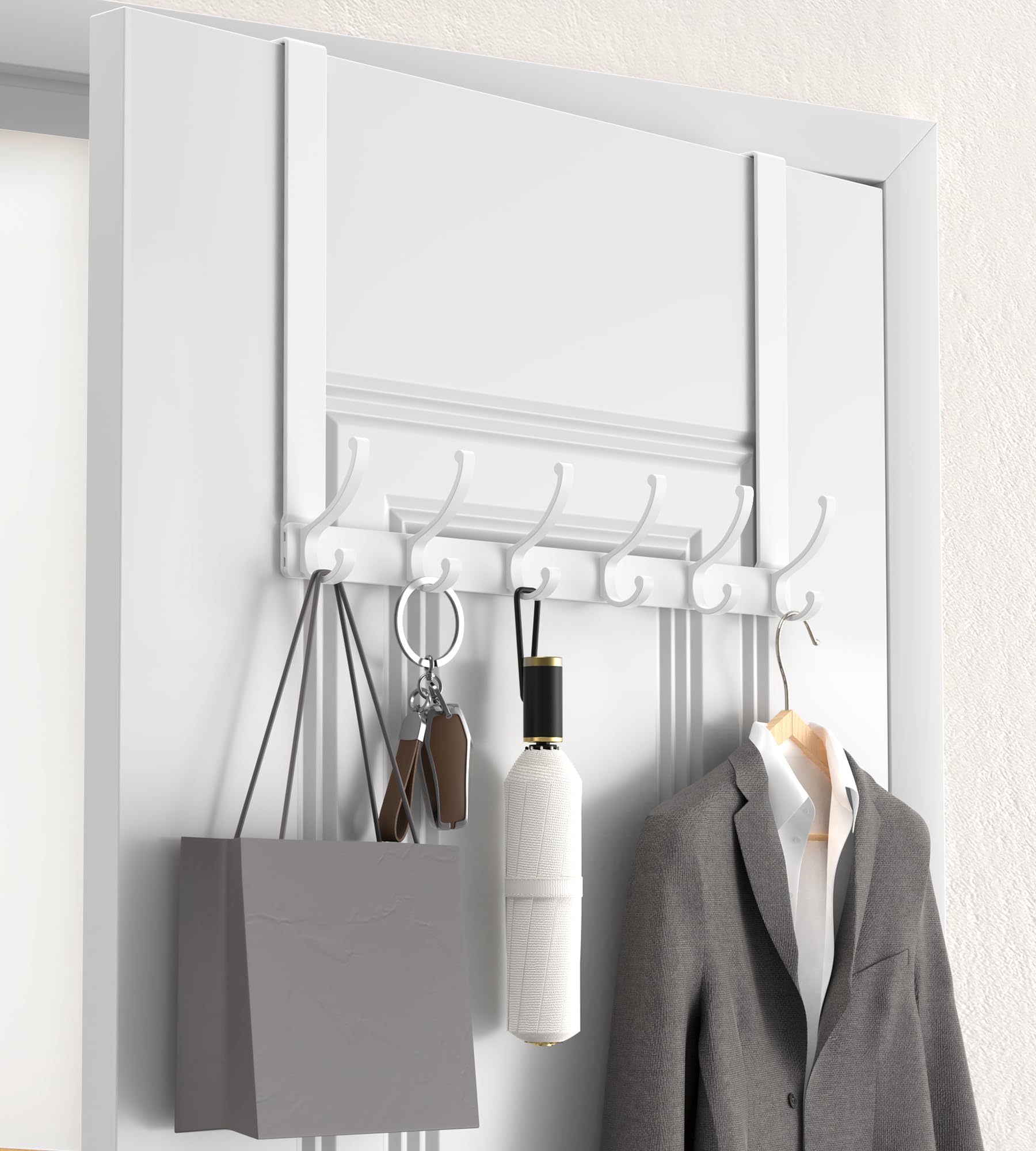 Photo 1 of KitchLife Long Over The Door Hooks Hanger with 15.75" Extended Arms, Fits 1 3/8" Doors, F40U, 6 Double-Hanger Design Thickened Heavy Duty Bathroom Towel Rack Organization, Glossy White, 1 Pack