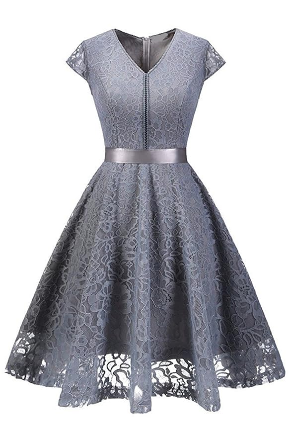 MisShow Damen Vintage Retro Spitzen Ballkleid V-Ausschnitt Cocktailkleid