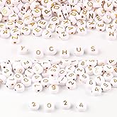 Yochus 1000pcs White Mixed Round Acrylic Letter Beads 4x7mm Gold Alphabet Number Beads for Jewelry Making and DIY Bracelets