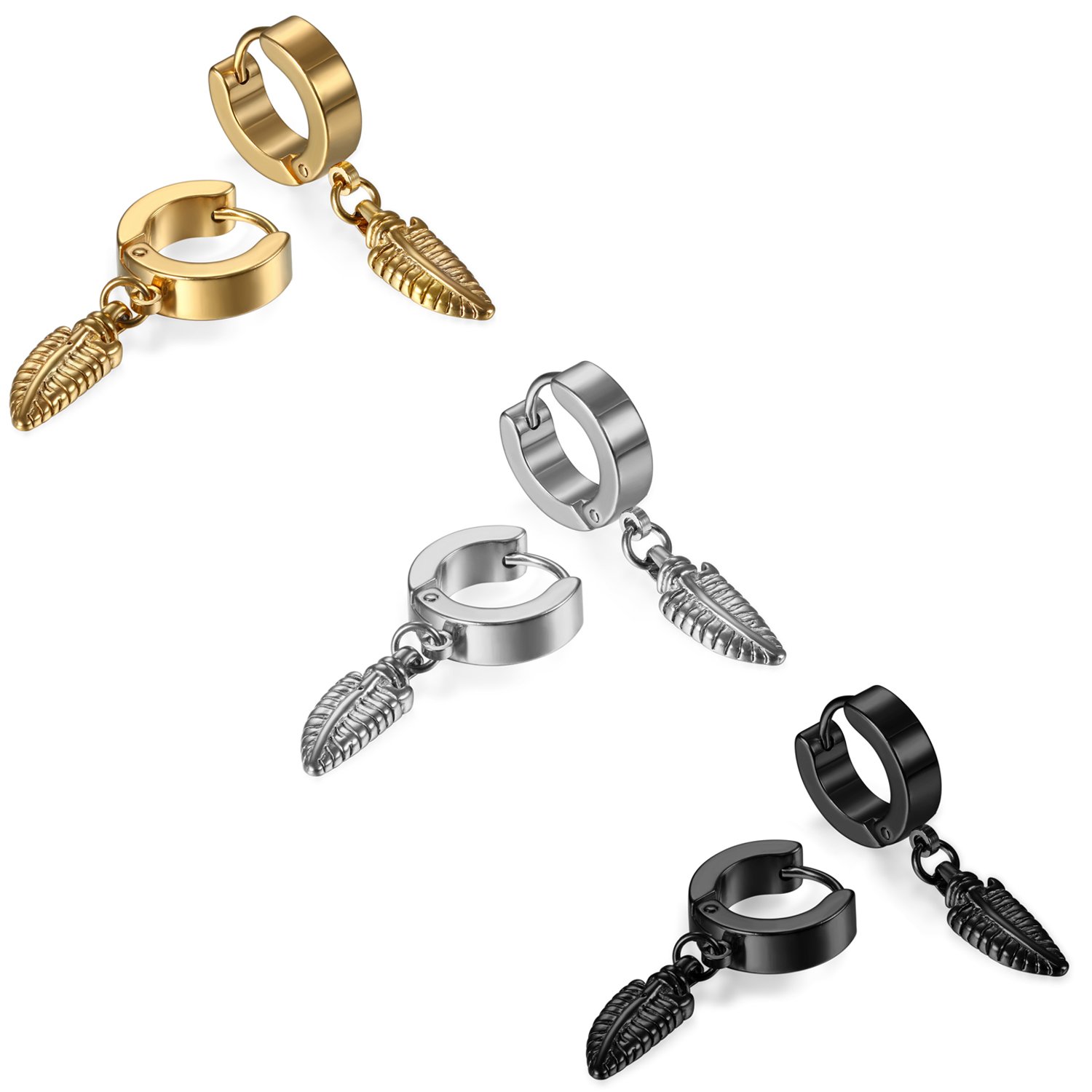 JewelryWe 3 Pairs Stainless Steel Plain Tribal Feather Claw Dangle Huggie Hinged Hoop Earrings for Men Women, Black Gold Silver