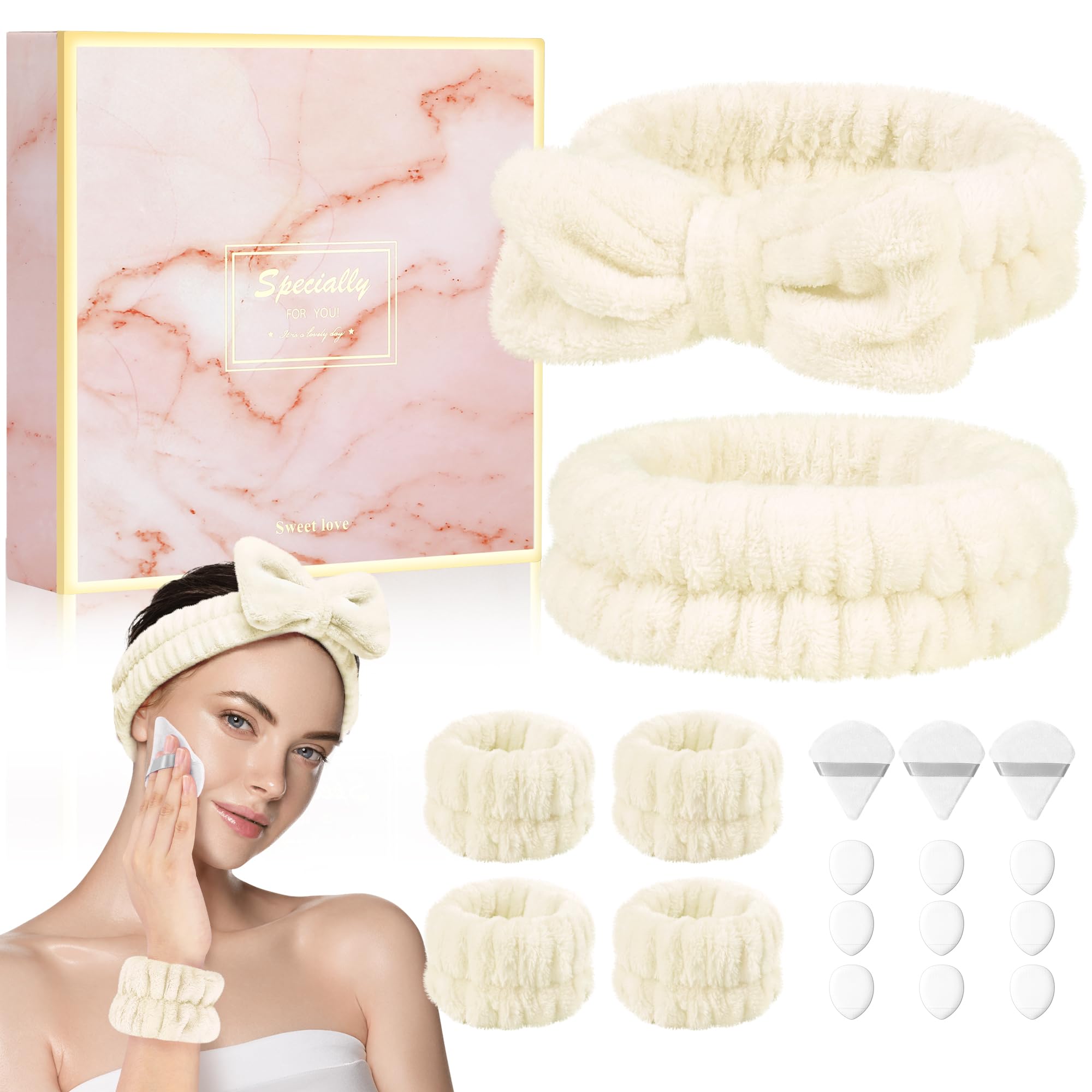 Photo 1 of *****2 piece*****Crosize Headbands and Wristbands Set for Washing Face, Spa, Skincare, Gift for Women and Girls, with Powder Puffs, White