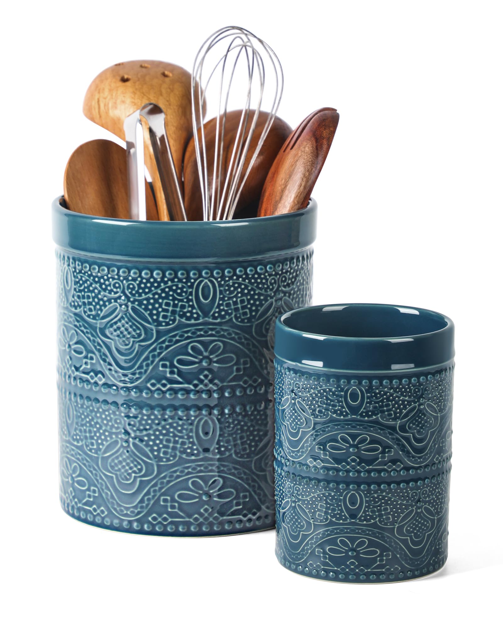 FUN ELEMENTS Kitchen Utensil Holder, 7.2+5.5" Super Large Utensil Crock Heavy and Stable Lace Emboss Ceramic Utensil Holder for Kitchen Counter(2Pcs Grayish Blue) Image