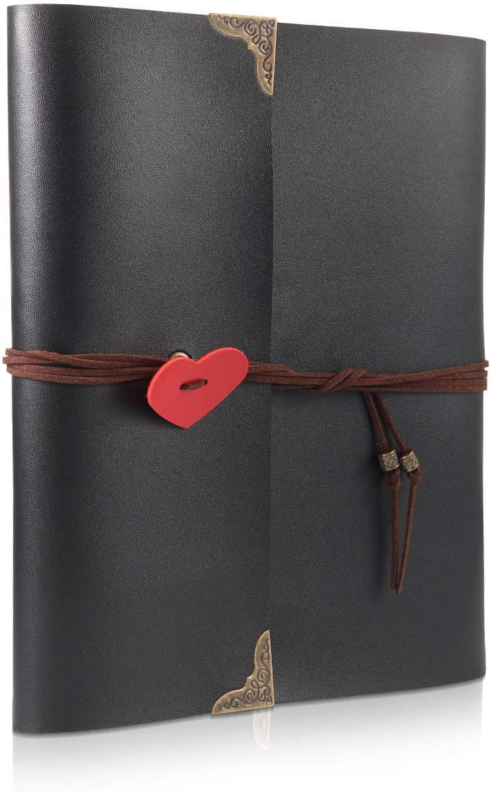 THXMADAM Leather Scrapbook Photo Album Vintage Wedding Guest Book Refillable DIY Memories Book with 60 Black Pages for 6x4 5x7 photos Gift for Christmas Valentines Anniversary Mother's Day Birthday