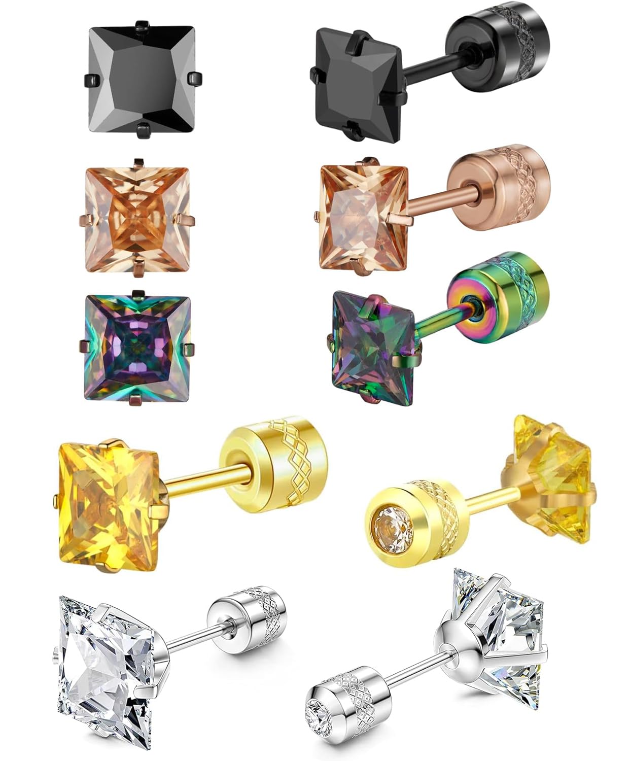 Screw Back Square CZ Stud Earrings Set for