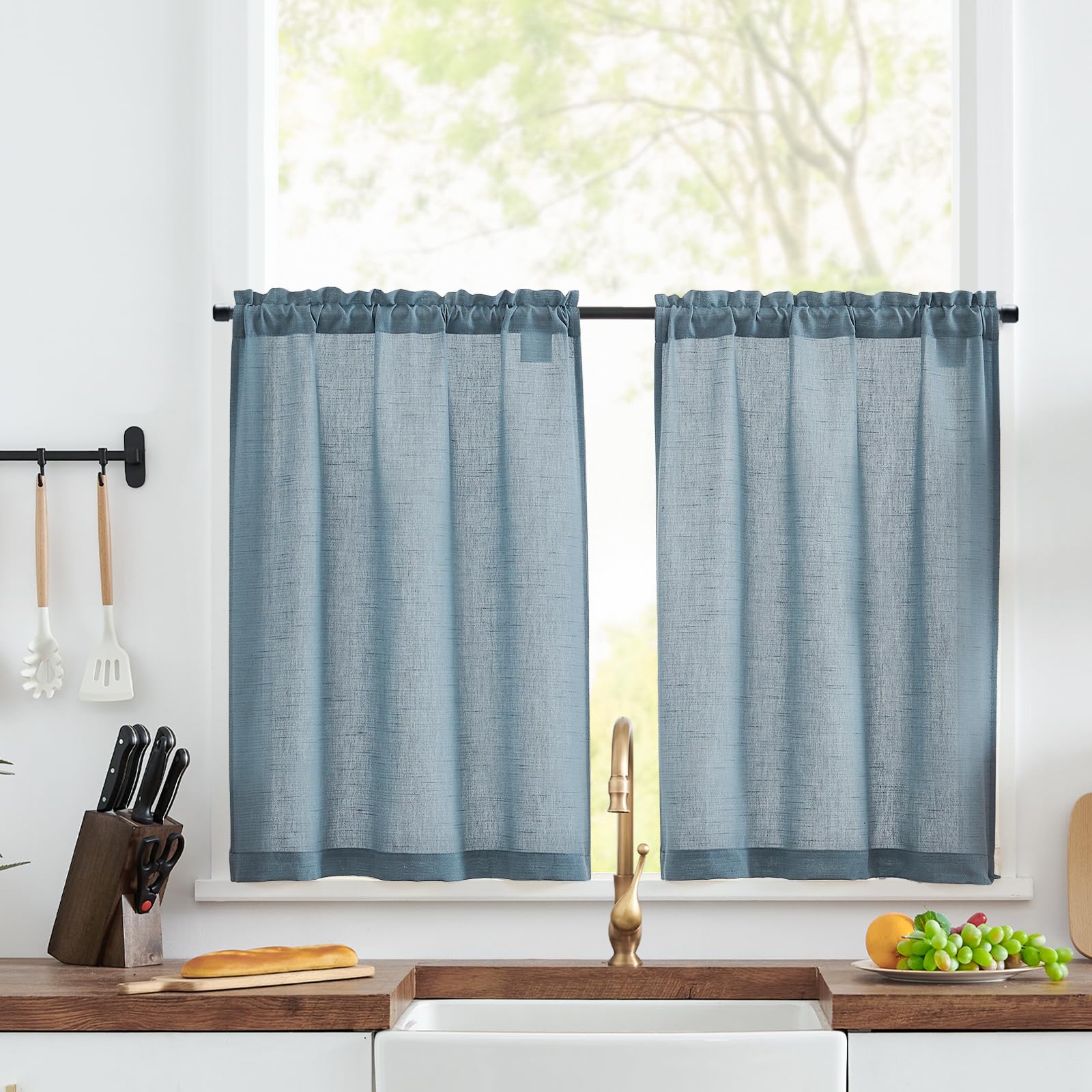 TOPICK Linen Blend Kitchen Curtains, 24 Inch Drop Small Cafe Curtains, Solid Pattern Light Filtering Short Curtain Tiers for Bathroom Sink Cupboard, Rod Pocket 2 Panels Blue — image 1