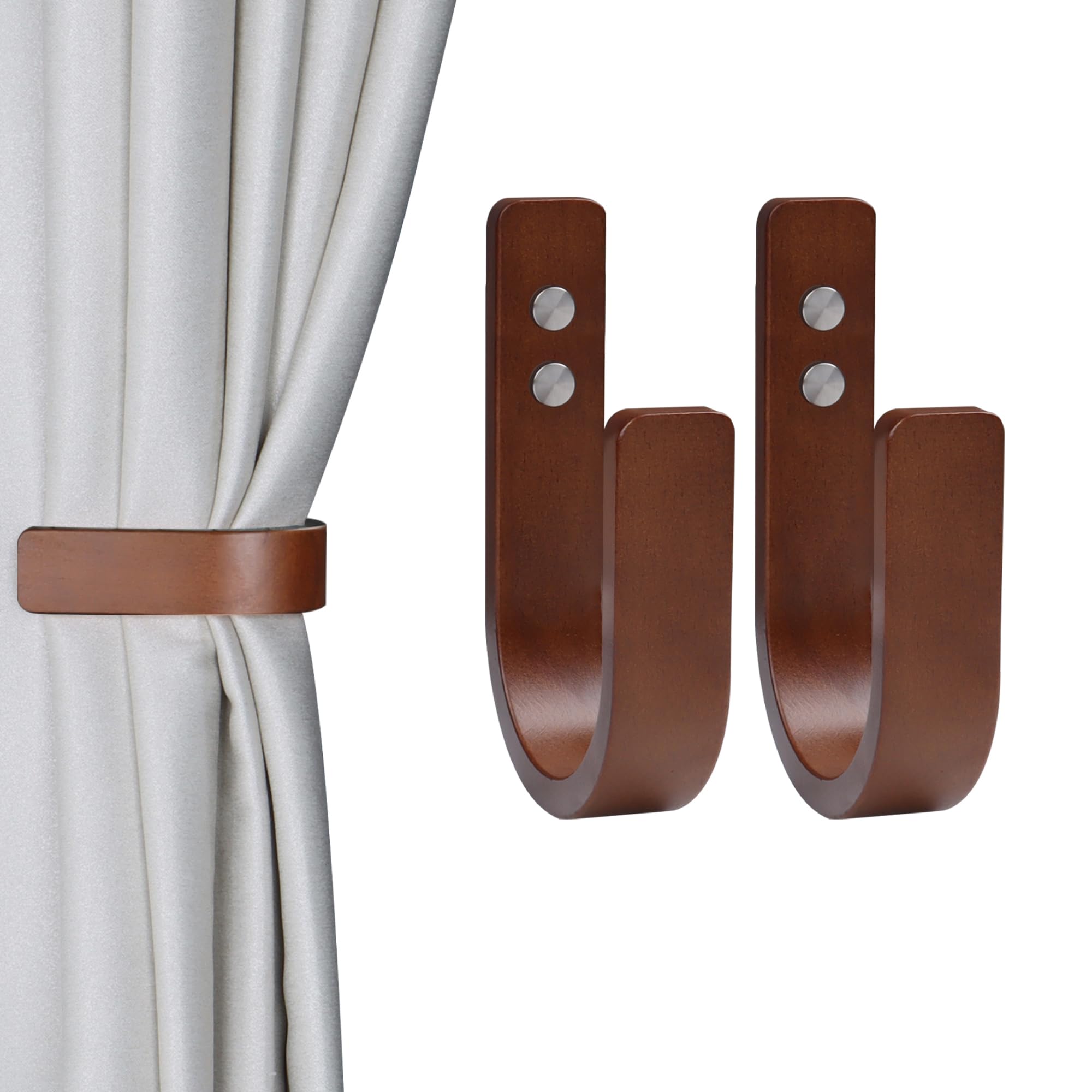 OCIOLI 2 Set Curtain Tiebacks & Holdbacks - Natural Wood Wall-Mounted U-Shaped Hooks with Stainless Steel Screws, Durable Curtain Tie Backs, Pull Backs for Drapery & Window Decor (Coffee, 2)