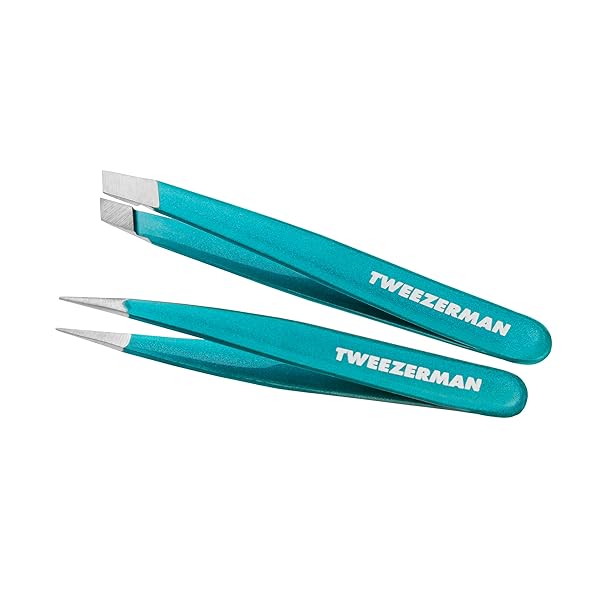 TWEEZERMAN MAJESTIC TURQUOISE MICRO MINI SLANT & POINT TWEEZER SET – EYEBROW TWEEZERS FOR WOMEN AND MEN
