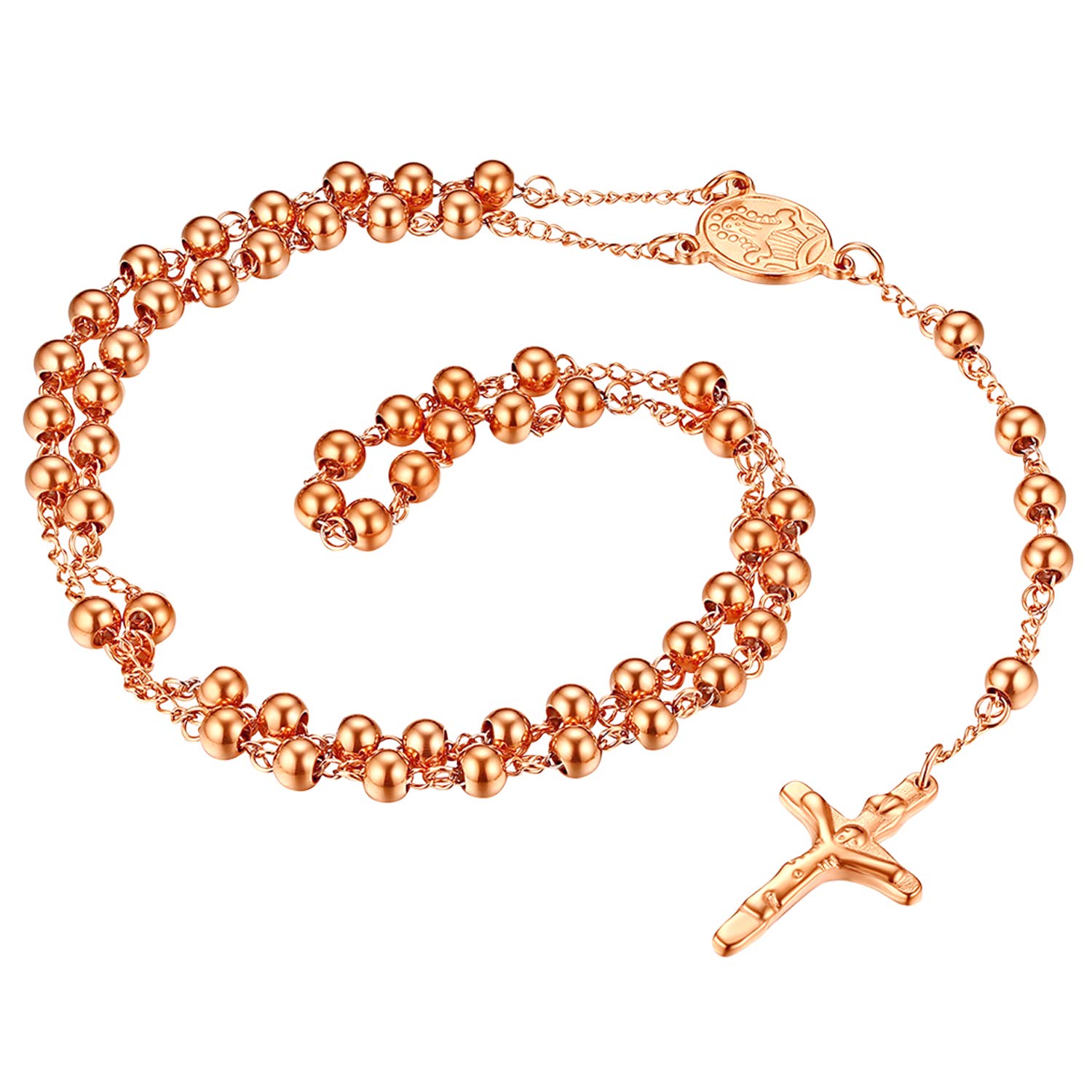 Cupimatch Jewellery Vintage Silver Tone Stainless Steel Religious Long Rosary Beads Cross Pendant Chain Necklace for Women Men Girls (Rosegold 6mm)