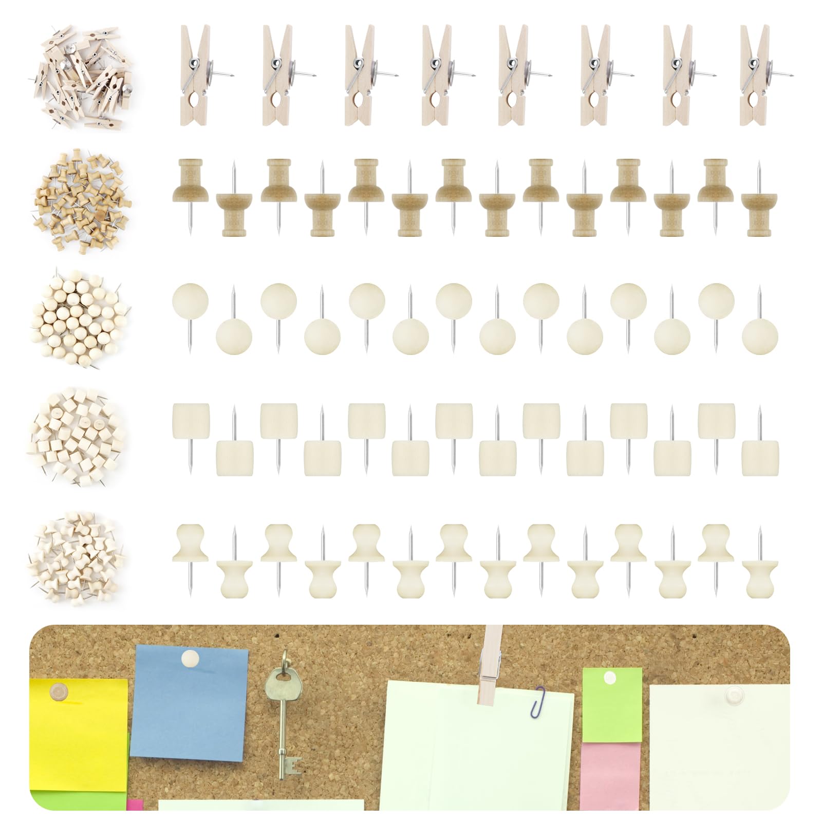 200 STK Pinnwand Pins,Pinnadeln Set Pinnadeln Holz Klein Reißzwecken 5 Stile Reißnägel Mini Reisnägel Pinnwandnadeln Holzklammer mit Box Reiszwecknadeln für Handwerk Korkplatte Fotos Postern Pinadel 8