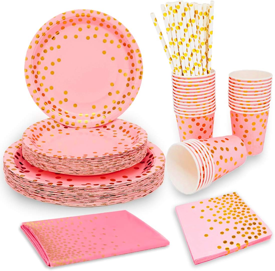 Pink and Gold Party Supplies Rose Gold Dots Disposable Dinnerware Set Serves 20- Include Dinner Plates, Dessert Plates,Cups,Napkins,Tablecloth, Straws for Party, Birthday, Wedding, Anniversary
