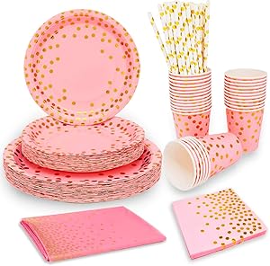 Pink and Gold Party Supplies Rose Gold Dots Disposable Dinnerware Set Serves 20- Include Dinner Plates, Dessert Plates,Cups,Napkins,Tablecloth, Straws for Party, Birthday, Wedding, Anniversary