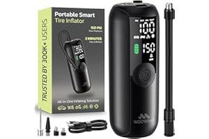 Tire Inflator Portable Air Compressor for Car, Bike, Motorcycle, SUV, Offroad & Truck - Fast Car Pump, 150 PSI, Cordless 12V DC, LED Display Emergency Light by Woowind