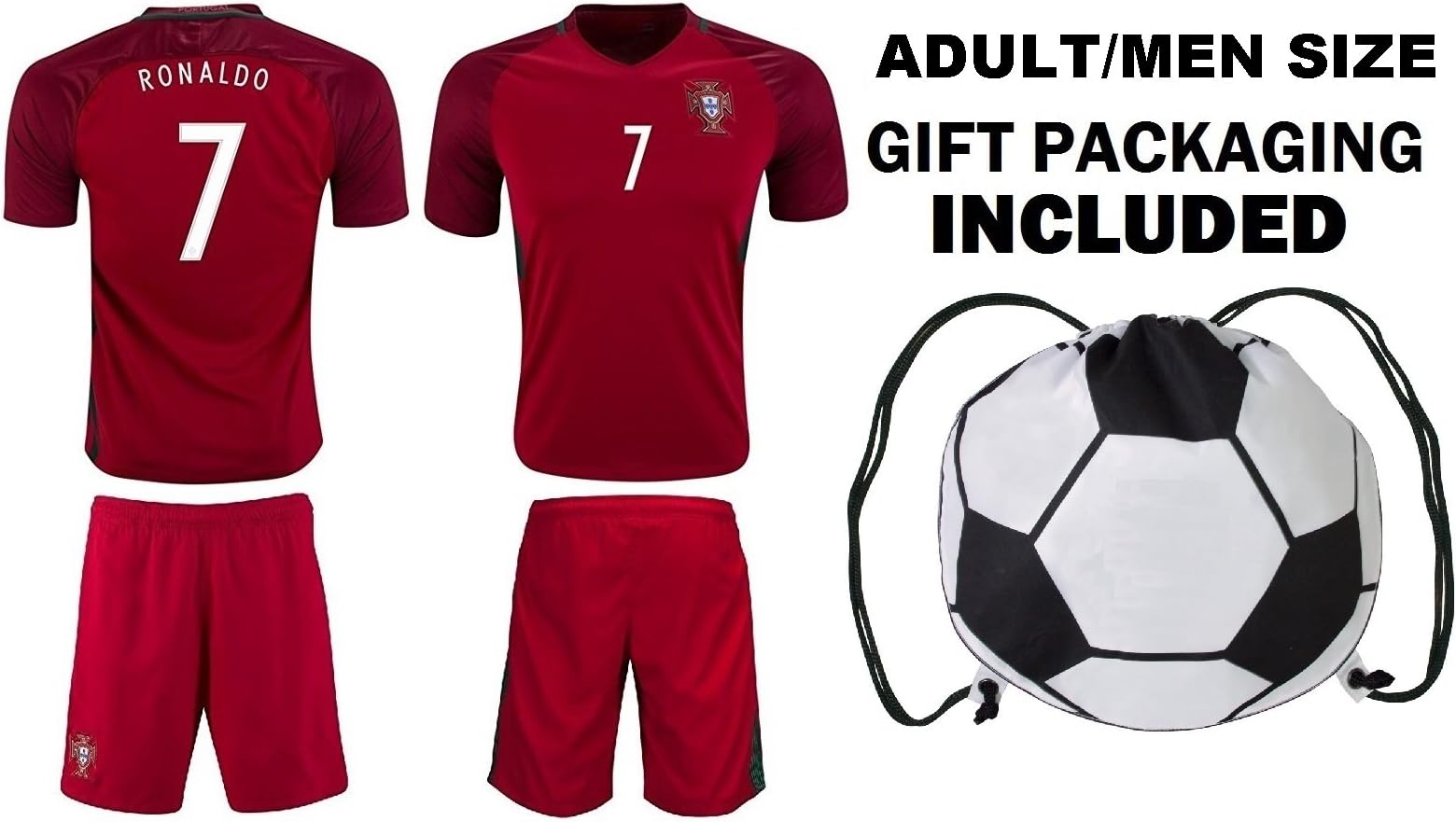Fan Kitbag Ronaldo #7 Portugal Home Men's Soccer Jersey & Shorts Adult Premium Gift Kitbag ✮ BONUS GIFT Soccer Backpack