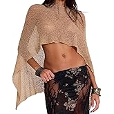 Sheer Poncho Knit Gold Ponchos Top for Women Crochet Knitted Shimmer Asymmetrical Shawl Trendy Summer Nude Shoulder Net