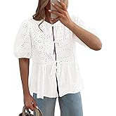 KIRUNDO Peplum Tops for Women 2026 Summer Eyelet Tie Front Blouses Casual Short Lantern Sleeve Cute Y2K Lace Babydoll Shirts