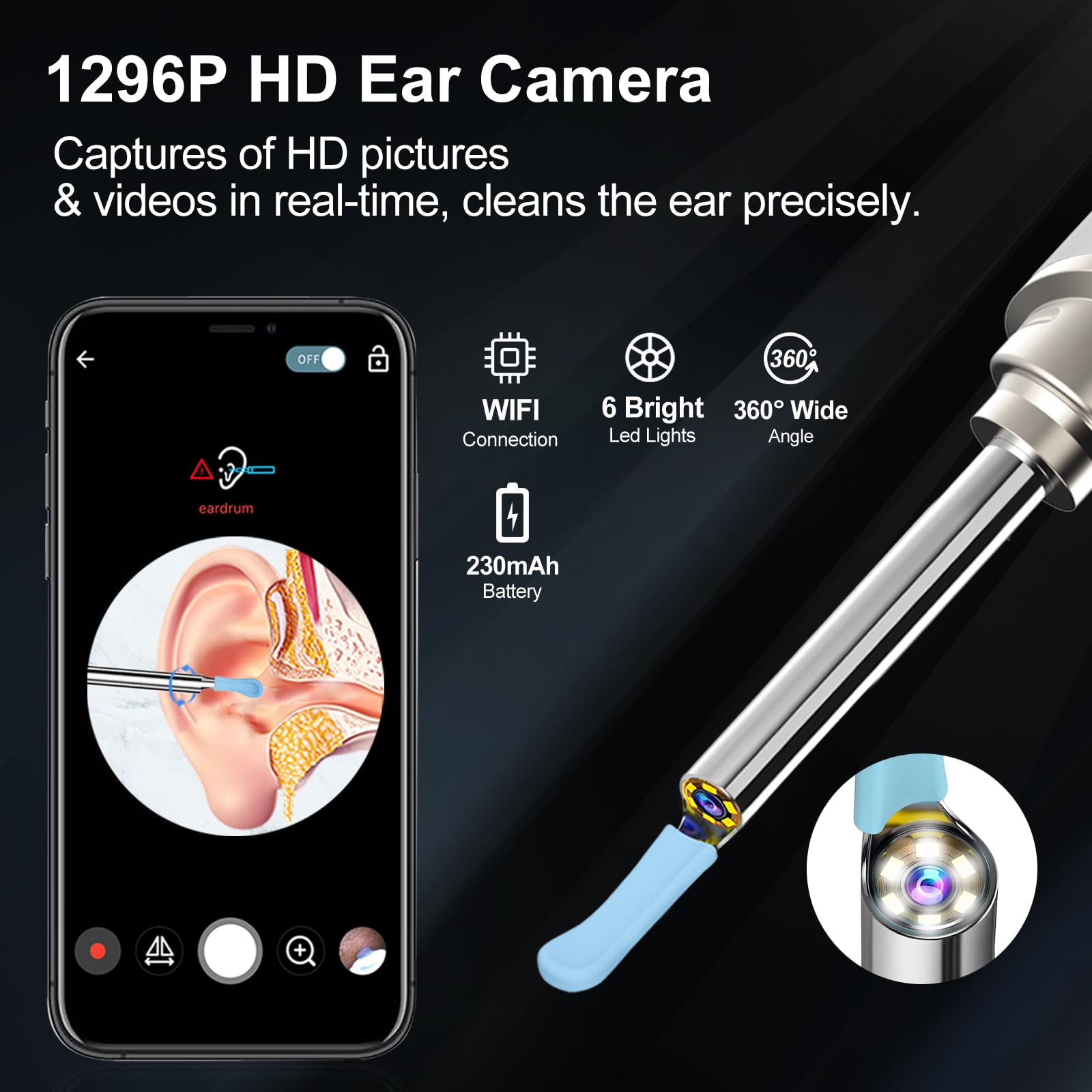 Ear Wax Removal, Ear Cleaning kit with 1296P Camera, Ear Camera with 6 LED Lights, Earwax Remover Tool for iPhone, iPad & Android, Ear Cleaner Earwax Removal Kit Black