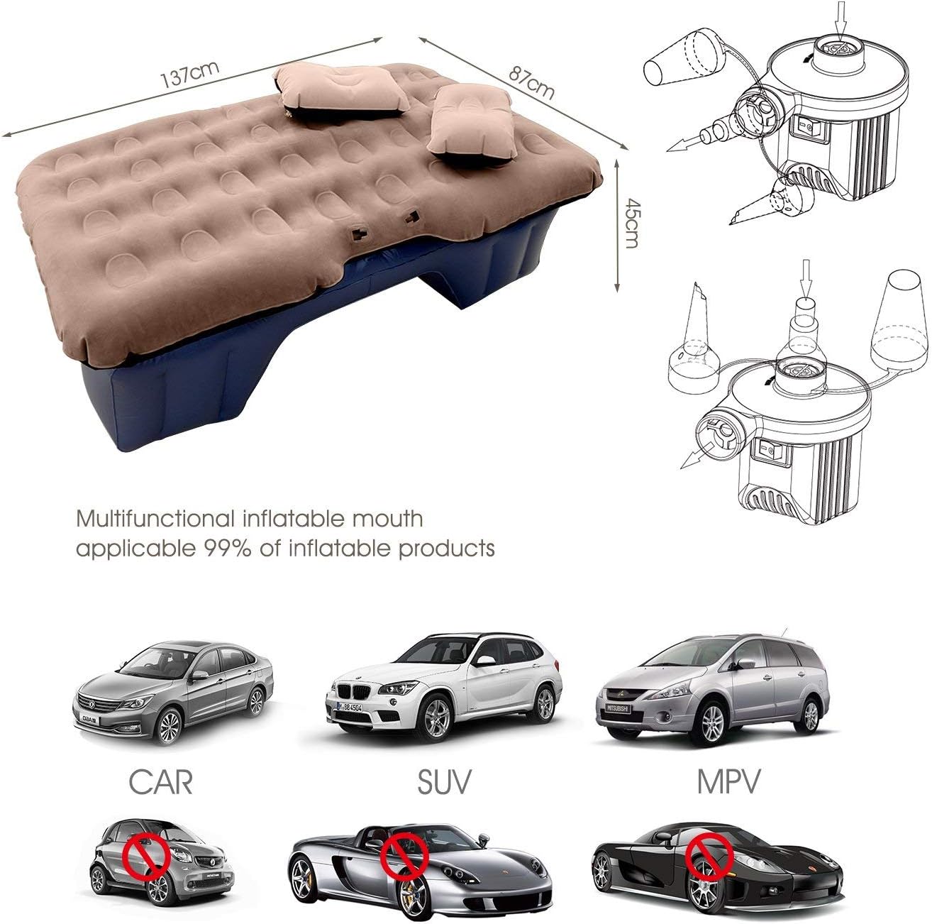 HIRALIY Car Air Mattress for Back Seat Inflatable Car Mattress Portable Travel Camping Mattress Sleep Bed for Road Trips Universal SUV Blow Up Mattress with 2 Air Pillow & Electric Air Pump: Kitchen & Dining