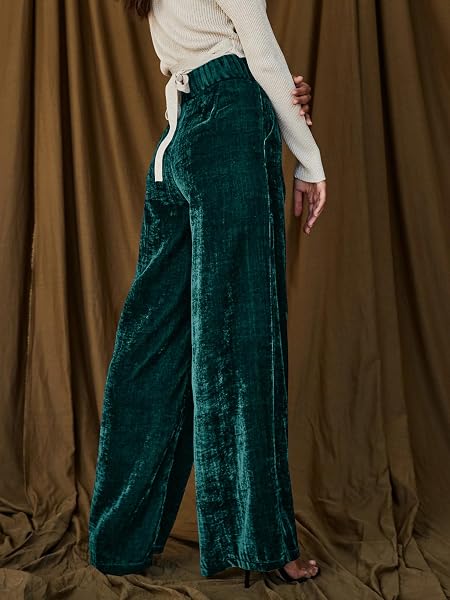 FAIABLE VELVET PANTS FOR WOMEN HIGH WAISTED WIDE LEG PALAZZO PANTS CAUSAL OUTFITS LONG FLOWY TROUSERS WITH POCKETS DARK GREEN