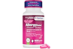 GenCare Allergy Relief Medicine – Bulk Value 600 Count Diphenhydramine 25mg – Antihistamines for Adults for Congestion, Sneezing, Runny Nose, Itchy Eyes & Throat – Pink Generic Benadryl Tablets 25 mg