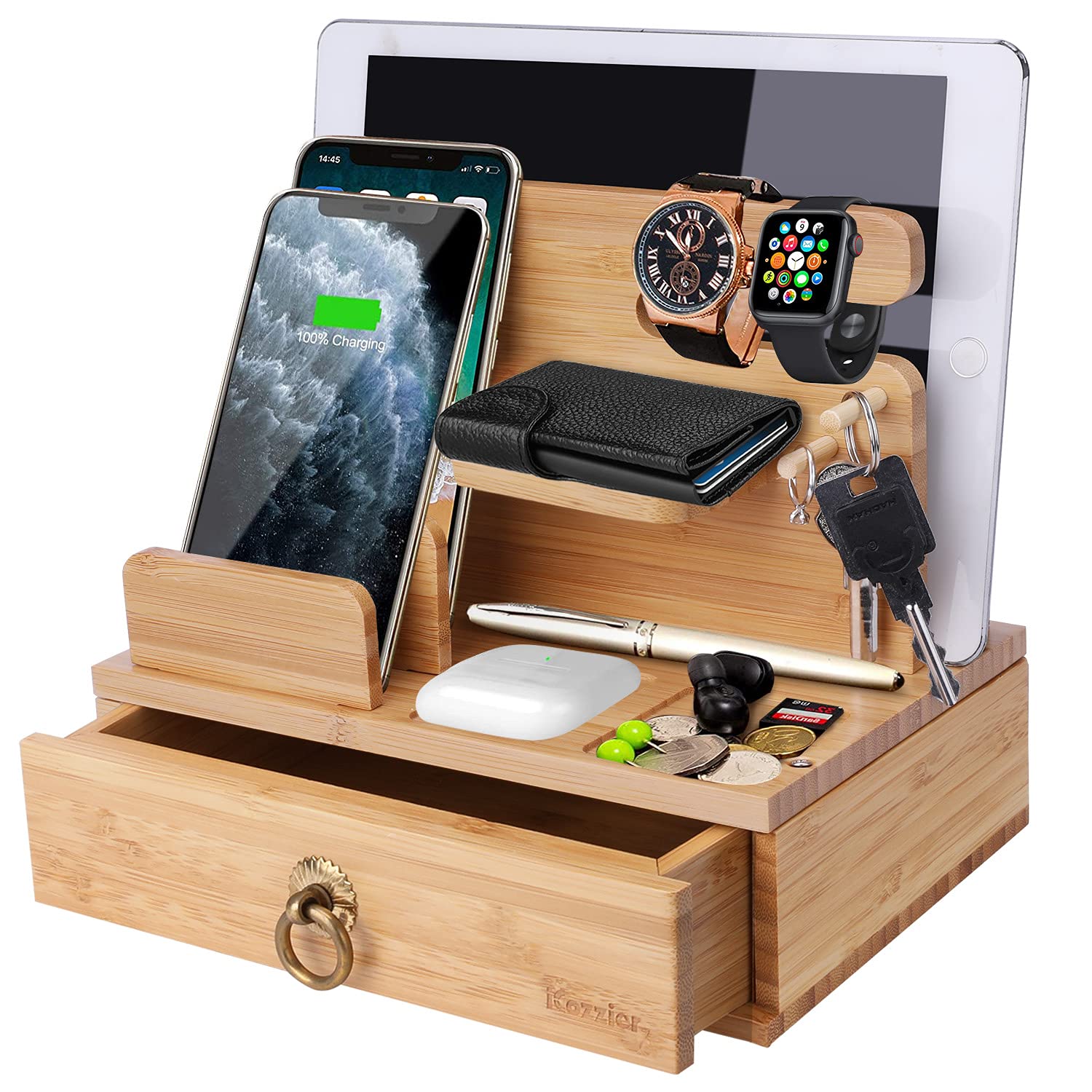 iCozzier Bamboo Multiple Device Desktop Charging Dock Station Watch Organizer Key Holder with Drawer for Watch,Pods,Pad,Smartphones,Tablets,Kindles