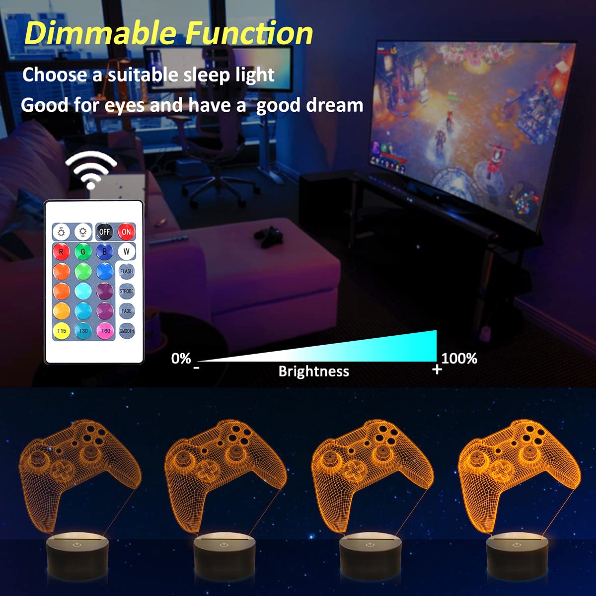 3D Gamepad Nachtlicht, Lightzz Game Console Illusionslampe mit Fernbedienung + Touch 16 Farbblinken Wechseln + Timer Schreibtischlampen Kinderzimmer Geschenke für Spielefan 4