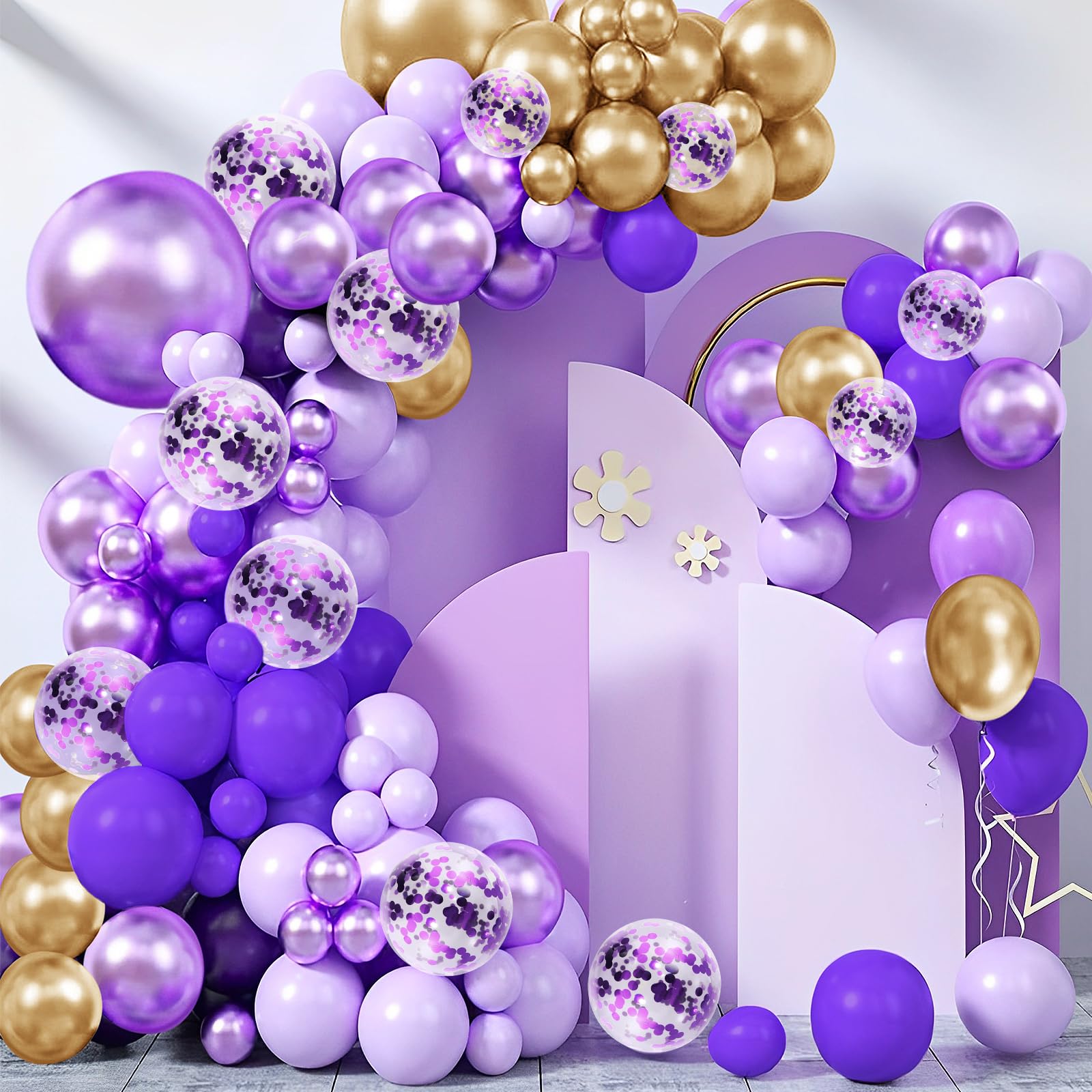 Photo 1 of 148 Pieces Purple Balloons Garland Arch Kit Light Pastel Purple Lavender Gold Dark Purple Confetti Latex Metallic Balloons for Baby Shower Wedding Birthday Party