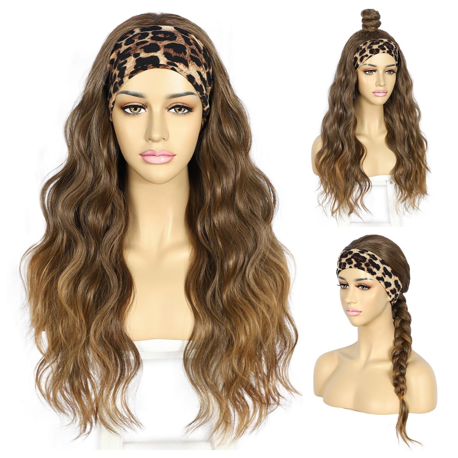 Sapphirewigs Body Wave Headband Wig Brown Wavy Synthetic Wigs for Women Ombre Brown Glueless Daily Wear Cosplay Headband Hair 150% Density 26 inch — image 1