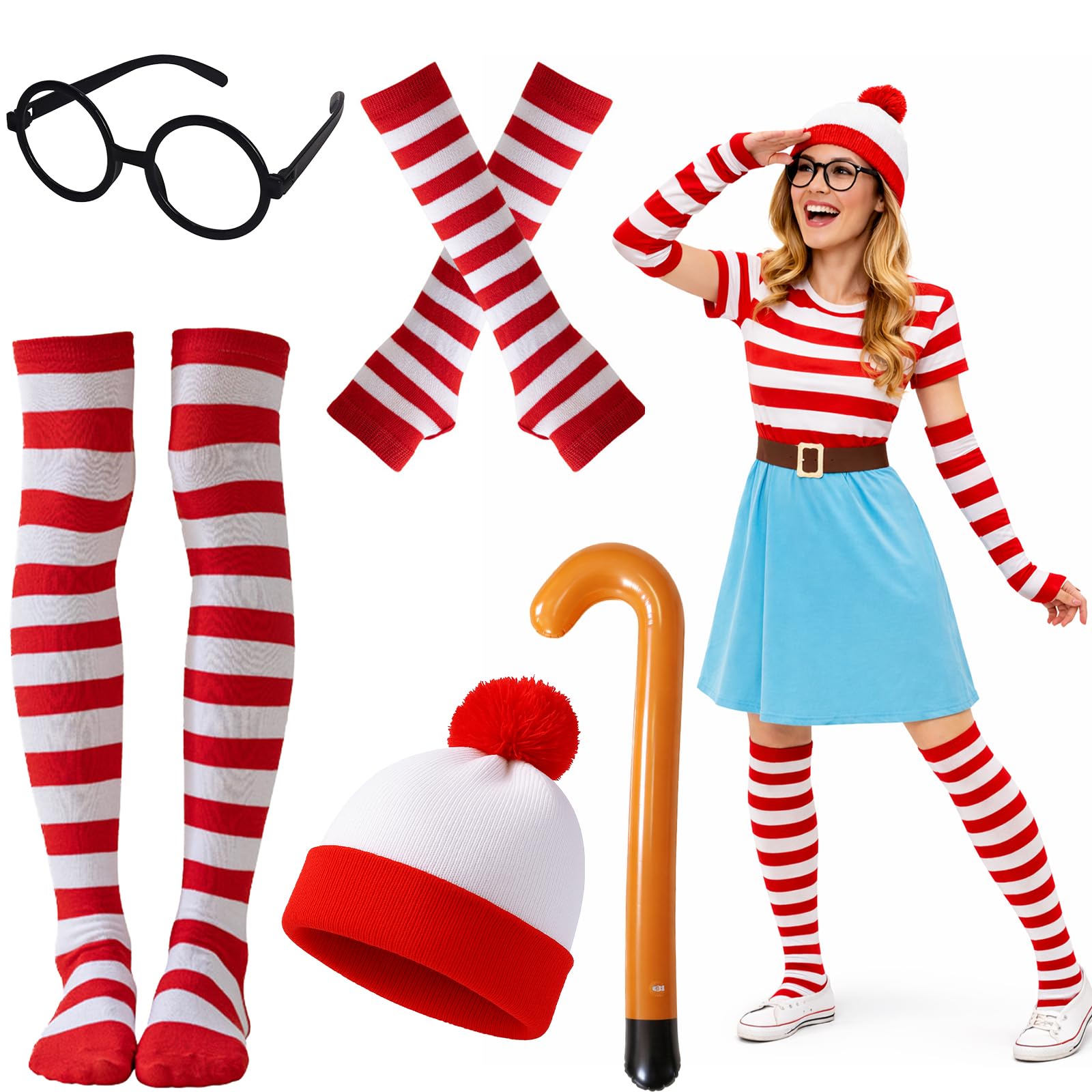 MUNSKT Wheres Wally Costume Set,Red&White Stripe Bobble Hat Socks Gloves Black Nerd Glasses,Cosplay Accessories Set,90s Fancy Dress Costume for World Book Day Halloween Christmas Dress Up Day (cane)