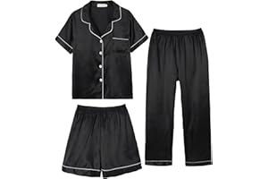 Hupohoi Unisex Girls Boys Kids Pajama Sets Button Down Satin Sleepwear Nighty 3PCS Silky Lounge Sets Nightwear