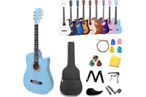 Rosefinch 38 inch Acoustic Beginner Guitar 3/4 Size Basswood Glossy Folk Guitar Starter Kits W/Bag Picks Capo Strap Steel Strings 38 inch Skyblue