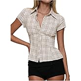 GORGLITTER Women's Gingham Button Up Fitted Shirts Y2K Short Sleeve Lapel Collared V Neck Dressy Casual Blouses