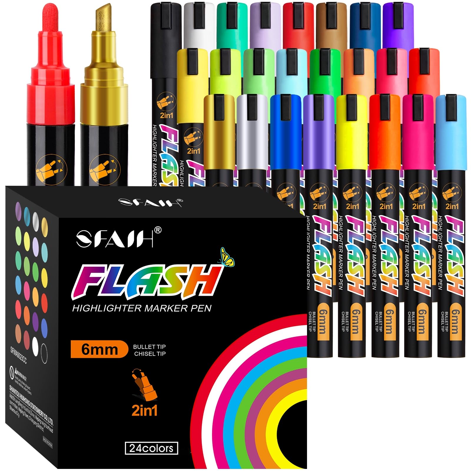 Photo 1 of SFAIH 24 Vibrant liquid chalk markers [1s Wet Wipe] - No Residue, 4.5-6mm chalk markers for blackboard, Calendar, Car Window, Glass, Non-Toxic, Zero Dust, With Highlighter Marker