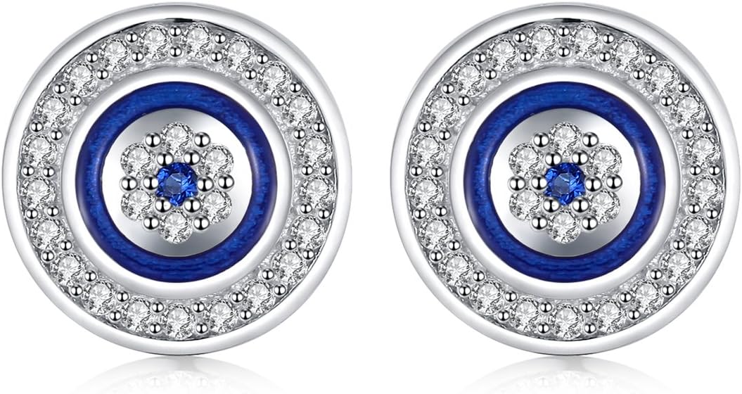 Round Blue Evil Eye Stud Earrings Dia.10mm Sterling Silver 925 Blue White Cubic Zirconia with Enamel