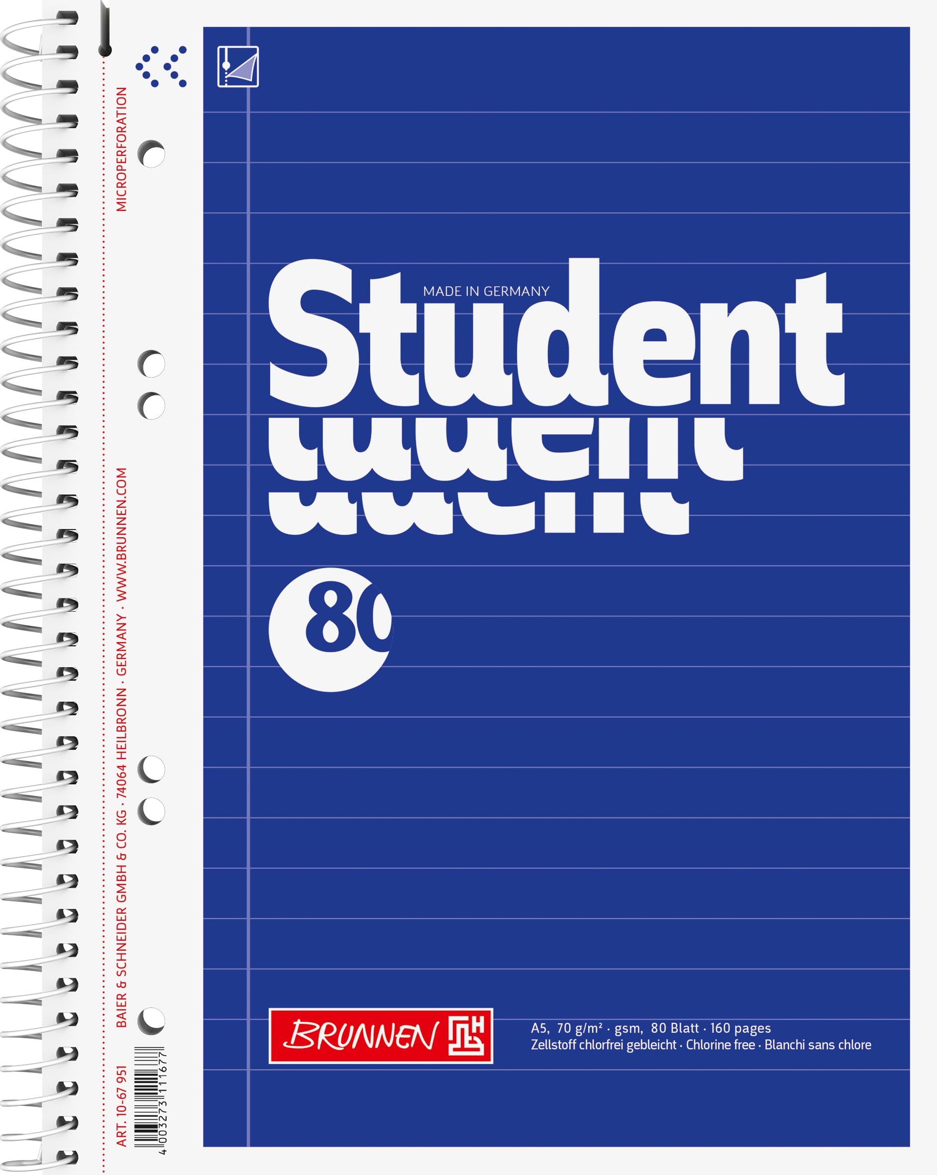 Brunnen Collegeblock Notepad, 4-Part, 70 g/m² A5 Spiral Notebook – Lined 80 Sheets