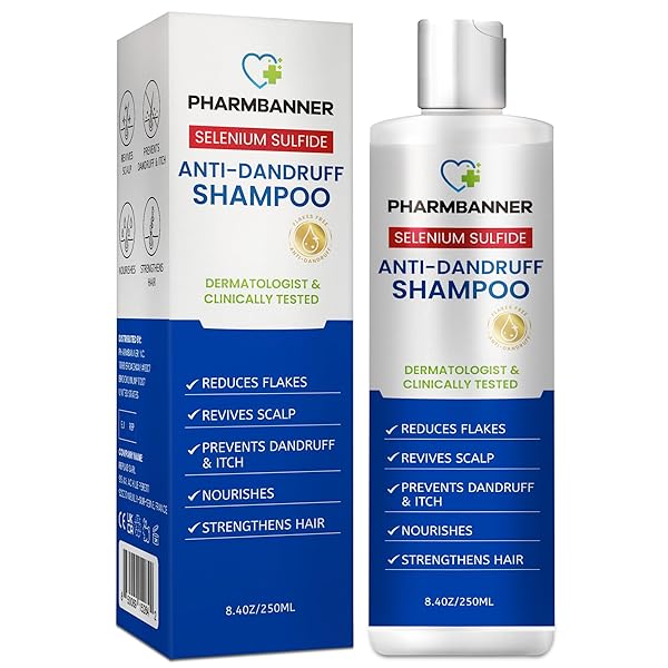 PHARMBANNER ANTI-DANDRUFF SHAMPOO WITH SELENIUM SULFIDE: FOR FLAKY SCALP, ITCHING & SEBORRHEIC DERMATITIS RELIEF – MENTHOL & LAVENDER OIL – MOISTURIZING, COLOR SAFE, GENTLE FOR ALL HAIR TYPES – 8.4OZ