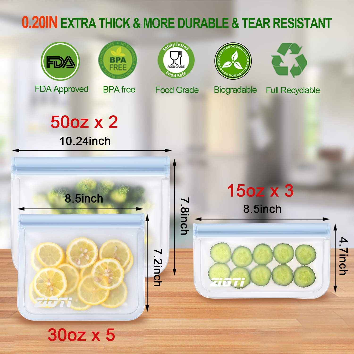 Reusable Storage Bags 10 Pack, 2 Reusable Sandwich Bags, 5 Reusable Freezer Bags and 3 Reusable Snack Bags, 2019 BPA FREE Extra Thick Leakproof Easy Seal Gallon Ziplock Lunch Bags for Home and Travel