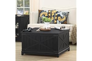 Joaxswe Farmhouse Coffee Table with Hidden Storage Organizer, Black Square Large Center Table, Wood Farm House Low Modern Living Room Tables with Hinged Lift Top for Home, Office