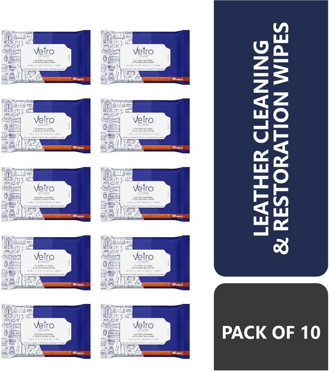 Vetro Power Leather Conditioning Cleaning and Restoration Wipes | For Sofas Car Seat Chair Furniture Jackets Bags (Pack of 10)