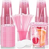 12oz Disposable Stemless Glasses With Flat Lids and Straws,PET Solo Disposable Cups ,Party Clear Plastic Wine Glasses for Parties Birthday,Wedding,Meeting,Christmas Party Supplies. (50, Pink)