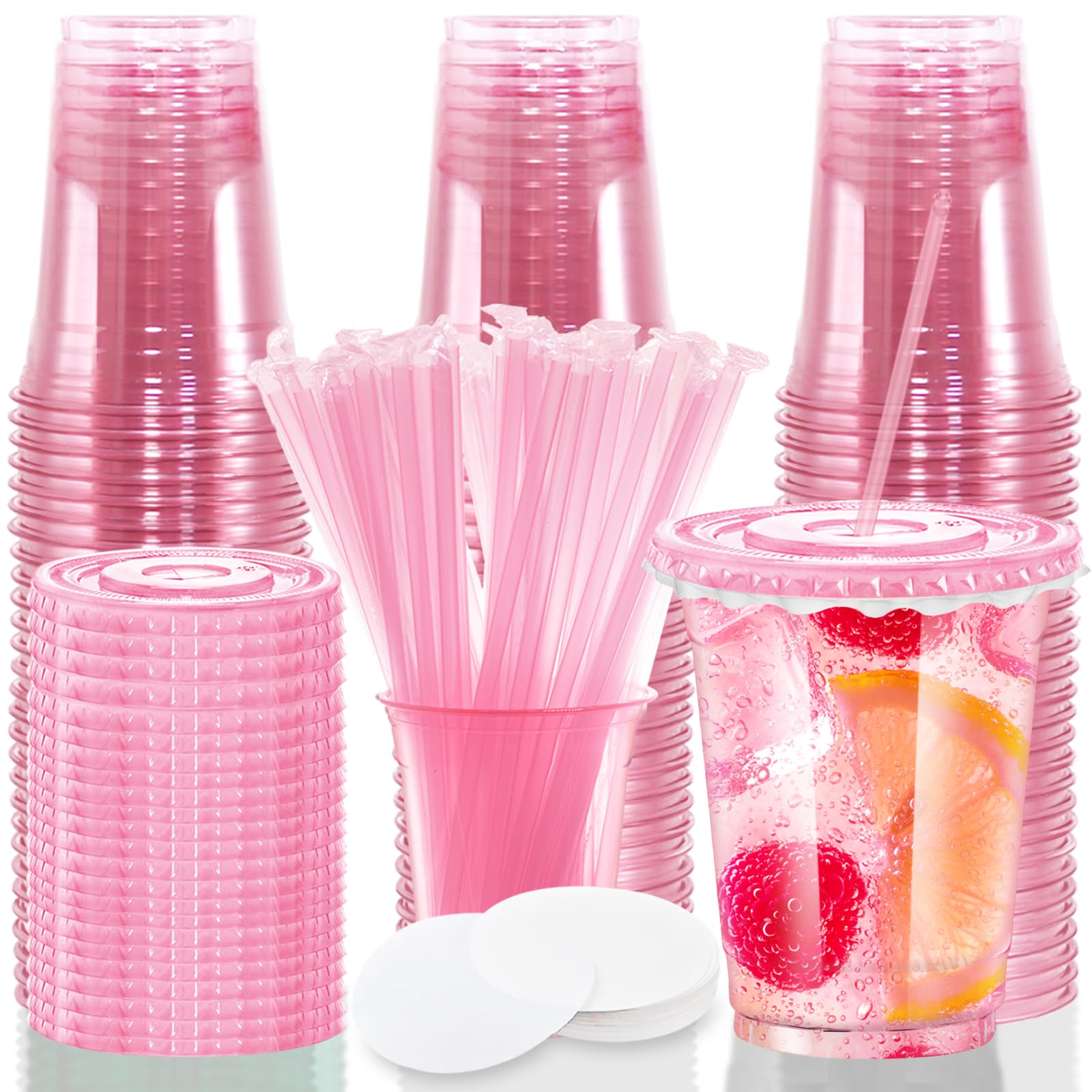 Photo 1 of 12oz Disposable Stemless Glasses With Flat Lids and Straws,PET Solo Disposable Cups ,Party Clear Plastic Wine Glasses for Parties Birthday,Wedding,Meeting,Christmas Party Supplies. (50, Pink)