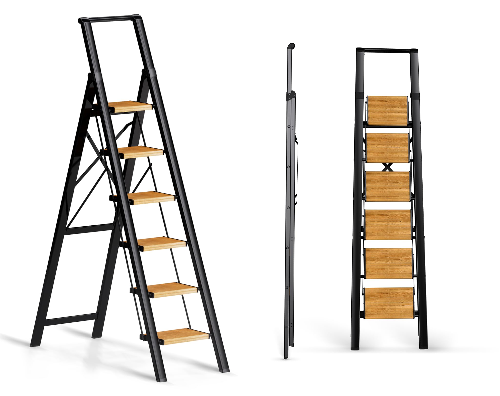 Photo 1 of SOLADDER 6 Step Ladder for 12 Ft High Ceiling, Folding Step Stool with Handgrip & Anti-Slip Wide Pedal, Portable Aluminum Stepladder for Kitchen, Home (300 lbs Capacity) - Black+Wood Grain